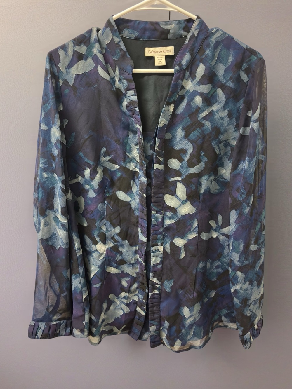 Coldwater Creek Women’s Blue Floral Sheer Blouse Hidden Buttons Size M
